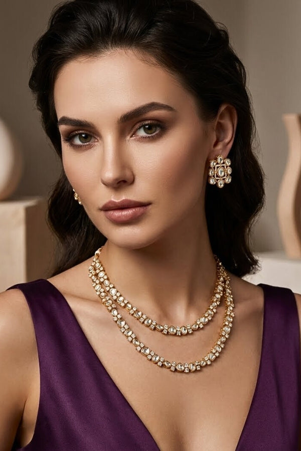 Gold Polish Kundan Necklace Set In Double Layer And Small Studs (NK024G-Kundan)