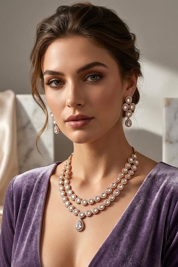 Rosegold Polish Kundan Necklace Set With Matching Earrings (NK027RG-Kundan)