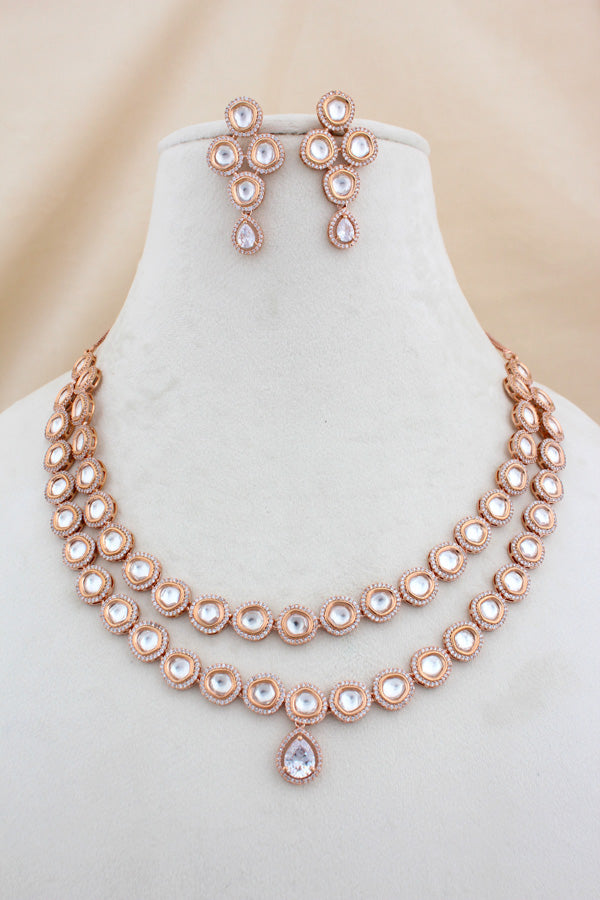 Rosegold Polish Kundan Necklace Set With Matching Earrings (NK027RG-Kundan)