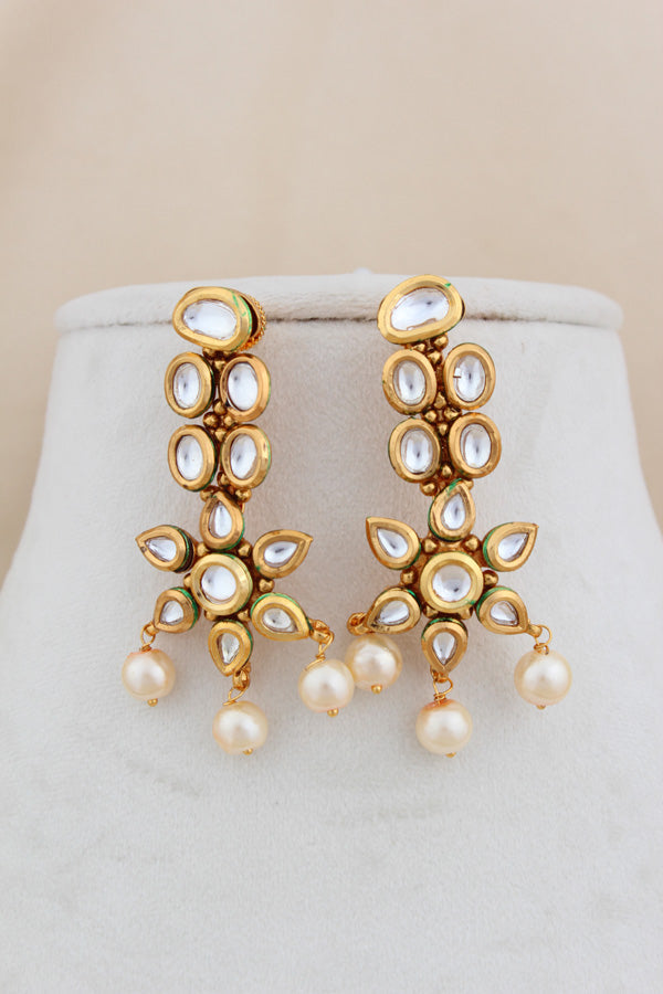 Gold Polish Kundan Necklace Set With White Pearls Attached And Matching Earrings(NK021-Kundan)