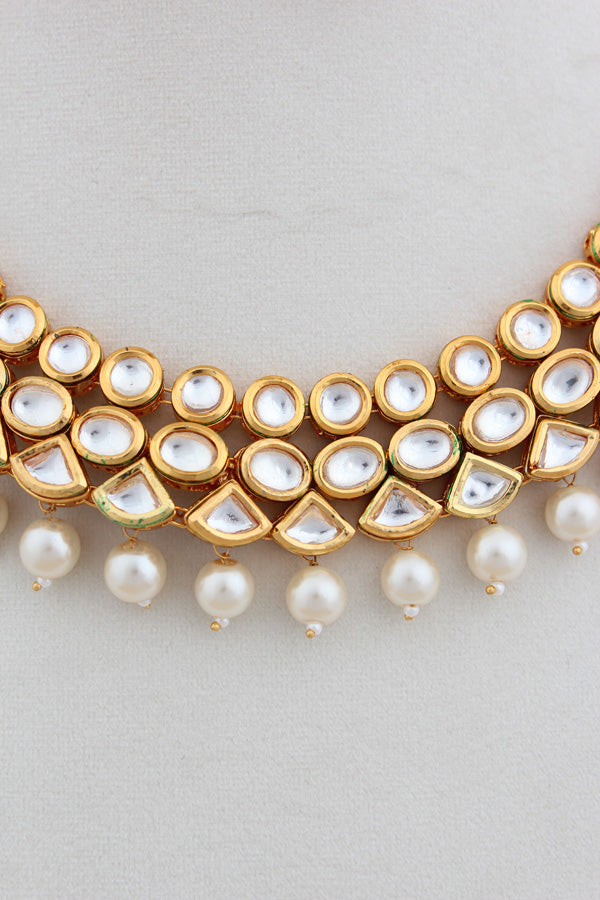 Gold Polish Kundan Necklace With White Pearls Attached Also With Matching Earrings (NK020-Kundan)