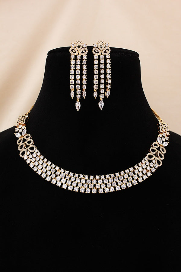 Necklace Set in American Diamonds With Center Pendant And Peach Colour Stones (NS002-AD-PE)
