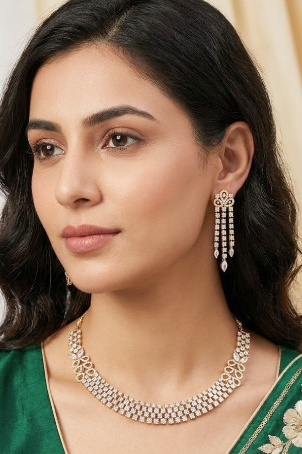 Necklace Set in American Diamonds With Center Pendant And Peach Colour Stones (NS002-AD-PE)