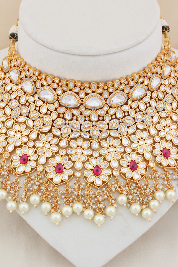 Gold Polish Premium Quality Kundan Set With Large Earrings And Tikka With Red Color Stones(NK006-K)