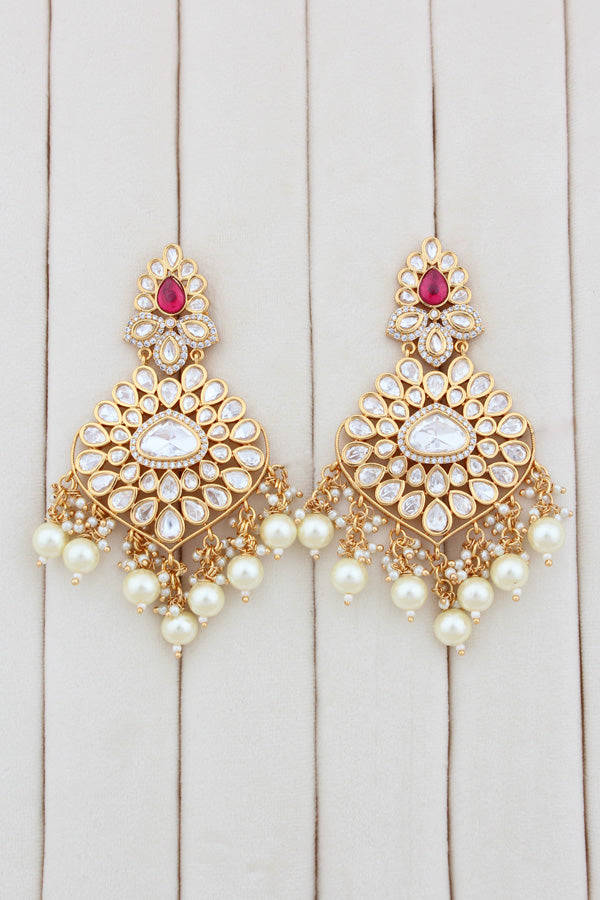 Gold Polish Premium Quality Kundan Set With Large Earrings And Tikka With Red Color Stones(NK006-K)