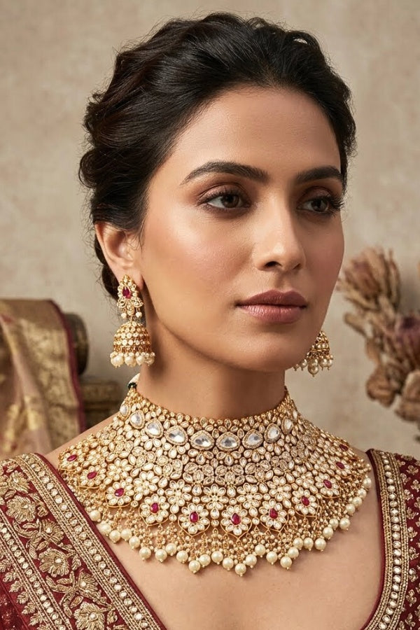 Gold Polish Premium Quality Kundan Set With Large Earrings And Tikka With Red Color Stones(NK006-K)