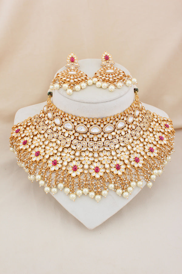 Gold Polish Premium Quality Kundan Set With Large Earrings And Tikka With Red Color Stones(NK006-K)
