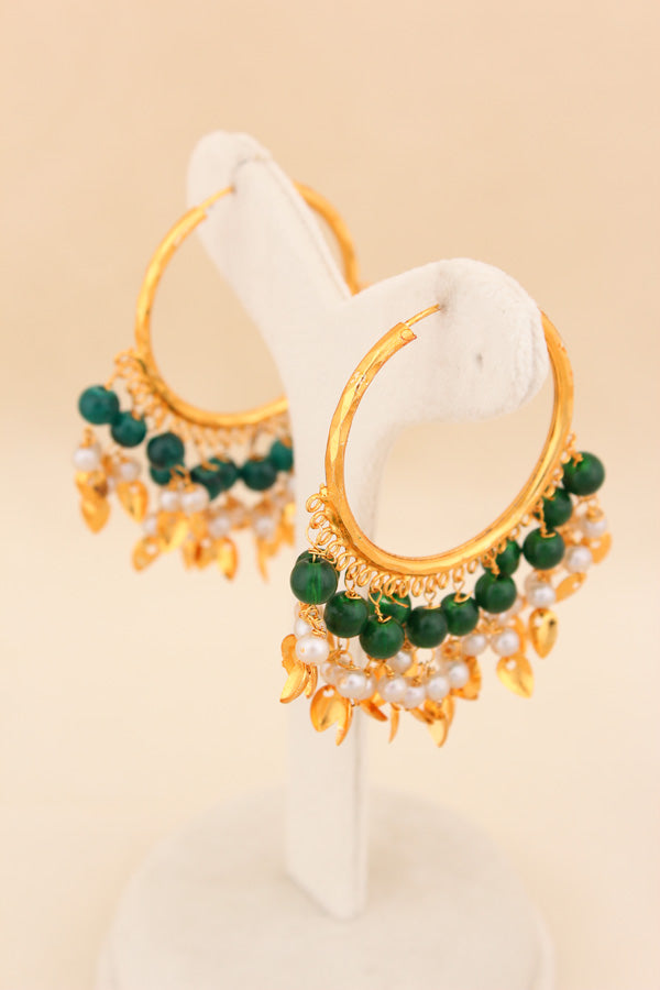 Gold Polish Punjabi Balia With White Beads And Green Colour Pearls (PJBA001-G)