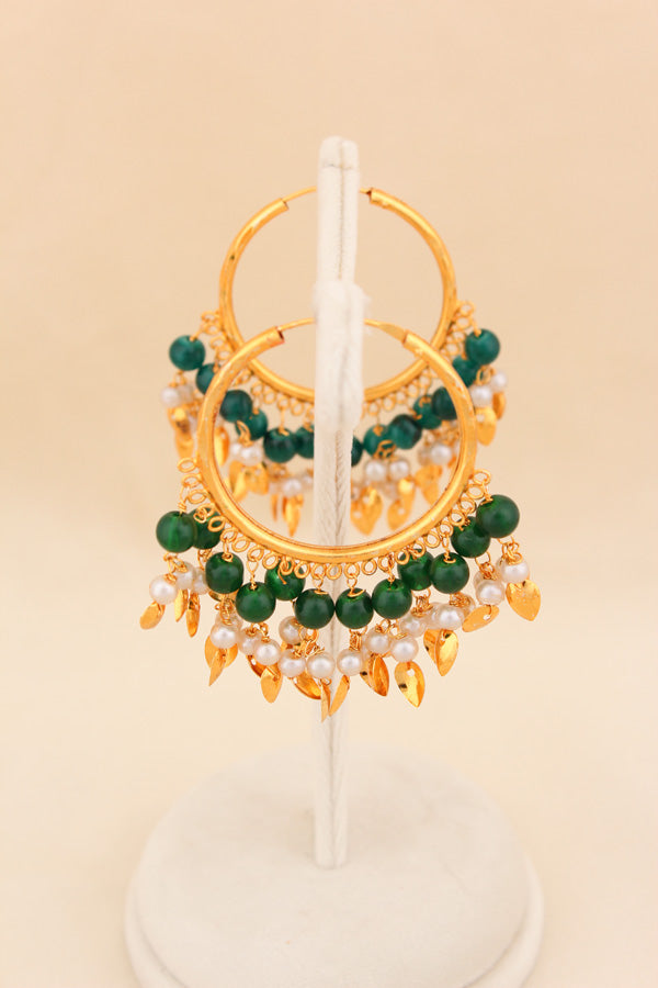Gold Polish Punjabi Balia With White Beads And Green Colour Pearls (PJBA001-G)