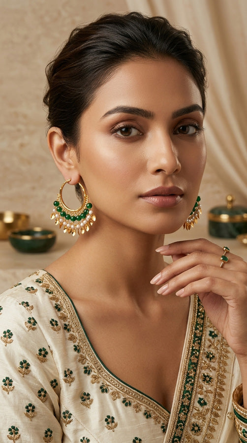 Gold Polish Punjabi Balia With White Beads And Green Colour Pearls (PJBA001-G)