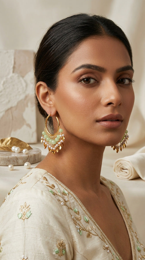 Gold Polish Punjabi Balia With White Beads And Light Green Colour Pearls (PJBA001-LG)