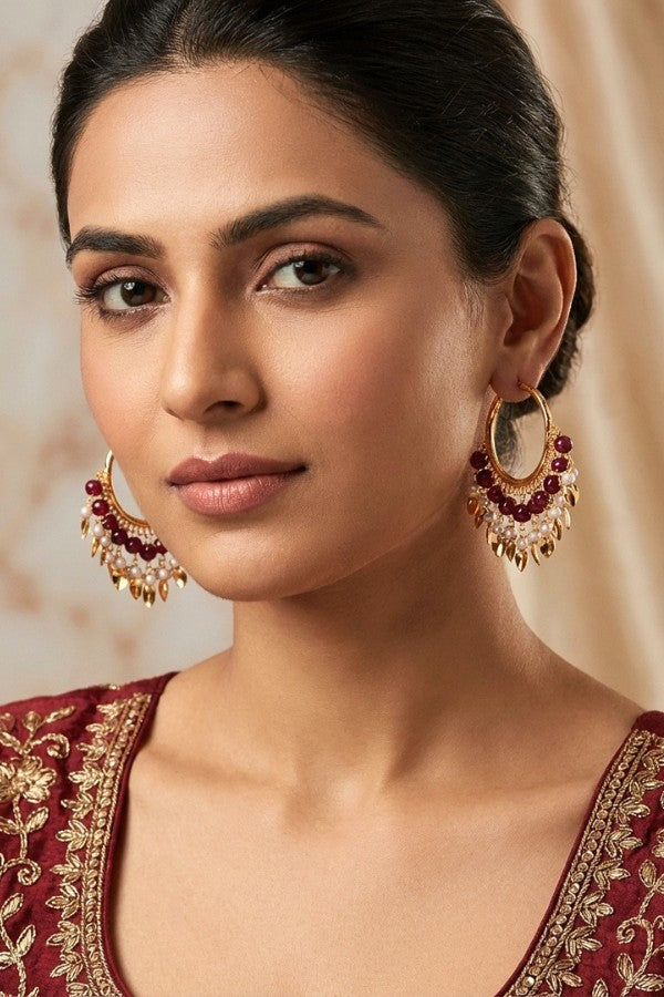 Gold Polish Punjabi Balia With White Beads And Maroon Colour Pearls (PJBA001-M)