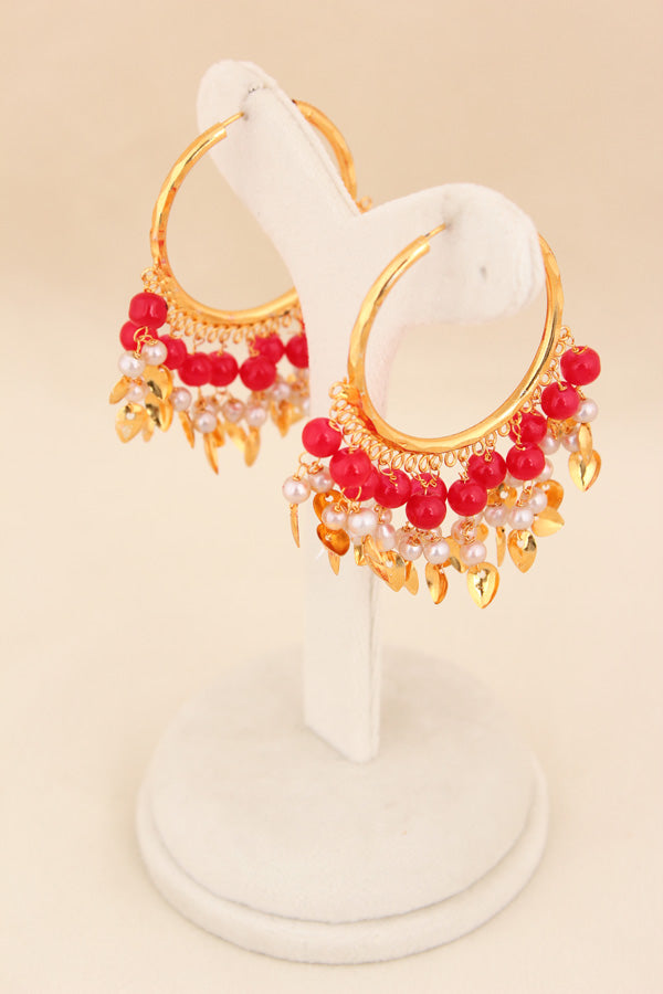 Gold Polish Punjabi Balia With White Beads And Red Colour Pearls (PJBA001-R)