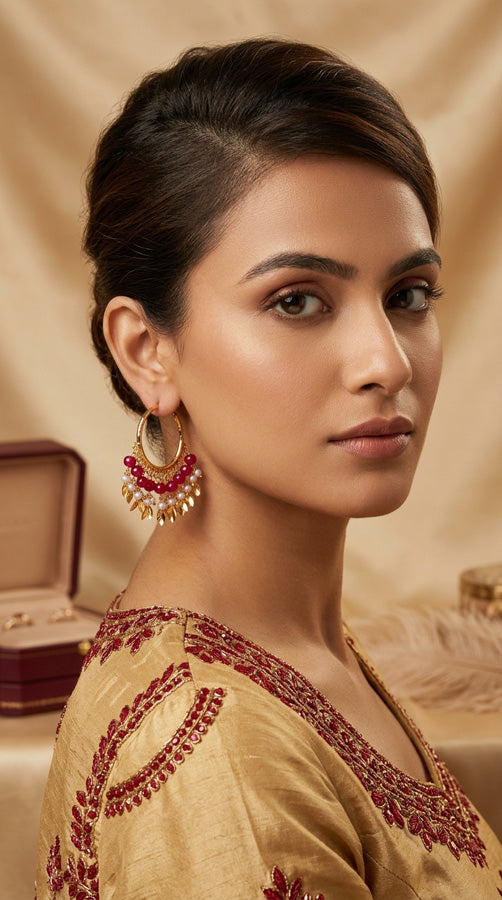 Gold Polish Punjabi Balia With White Beads And Ruby Colour Pearls (PJBA001-RU)