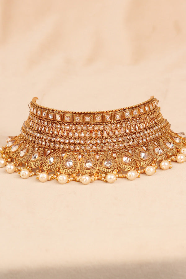 Golden Gold Look Polki Choker Set With Large Earrings And Tikka (CS005-Polki-B2)