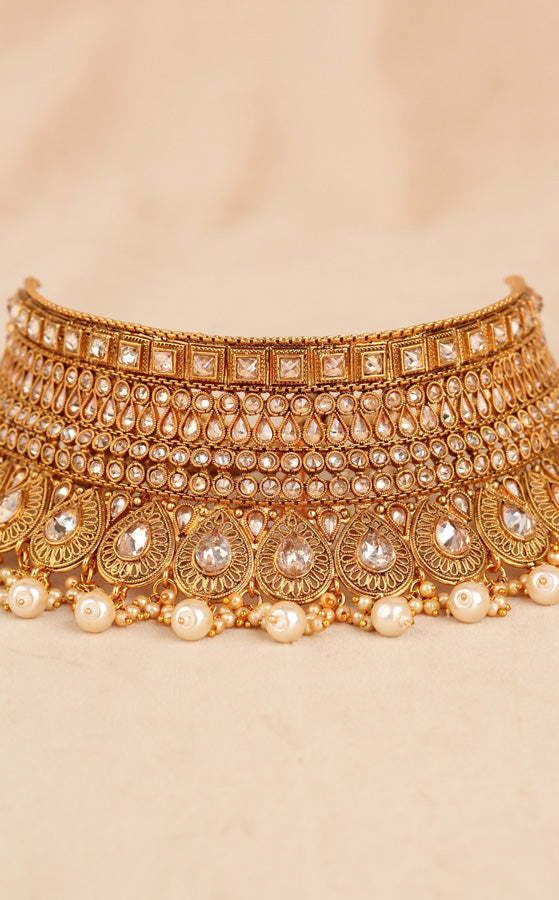 Golden Gold Look Polki Choker Set With Large Earrings And Tikka (CS005-Polki-B2)