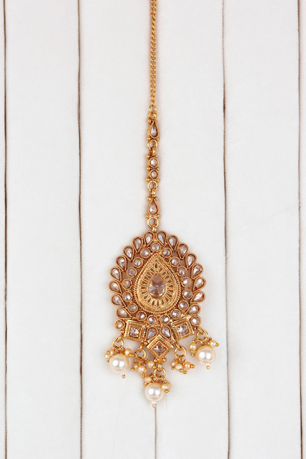 Golden Gold Look Polki Choker Set With Large Earrings And Tikka (CS005-Polki-B2)