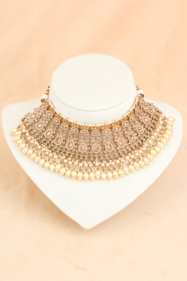 Golden Heavy Look Polki Choker With Large Earrings And Large Tikka (CS002-Polki-B1)