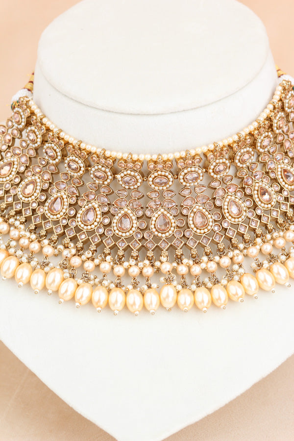 Golden Heavy Look Polki Choker With Large Earrings And Large Tikka (CS002-Polki-B1)