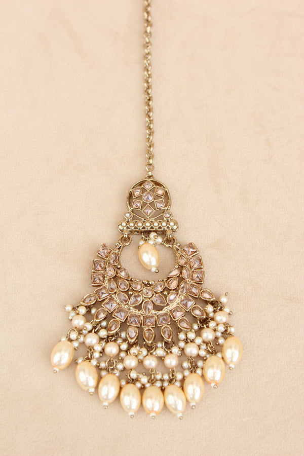 Golden Heavy Look Polki Choker With Large Earrings And Large Tikka (CS002-Polki-B1)