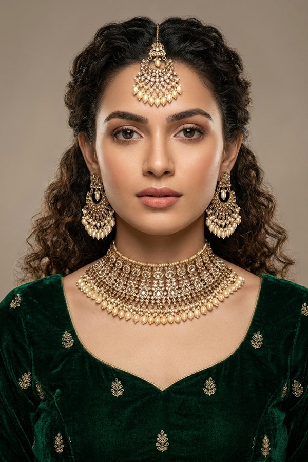 Golden Heavy Look Polki Choker With Large Earrings And Large Tikka