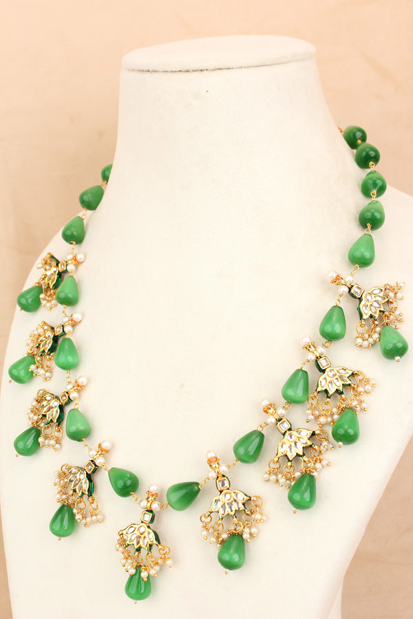 Green Colour Cat Eye Pearls With A Shiny Finish And Kundan Look Pendants Attached (MA007-G)