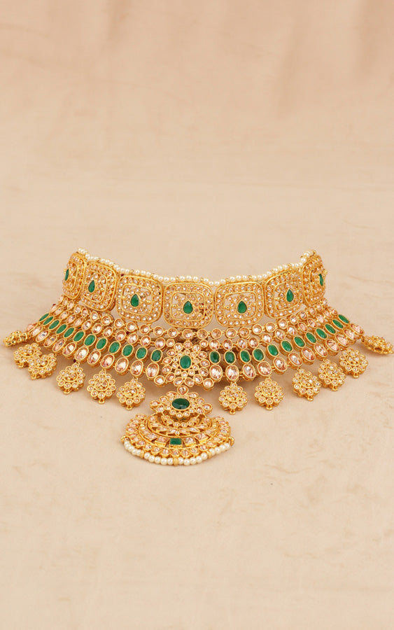 Green Gold Polish Polki Choker With Earrings And Tikka (CS008-Polki-B2)