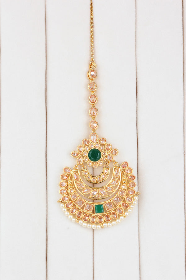 Green Gold Polish Polki Choker With Earrings And Tikka (CS008-Polki-B2)