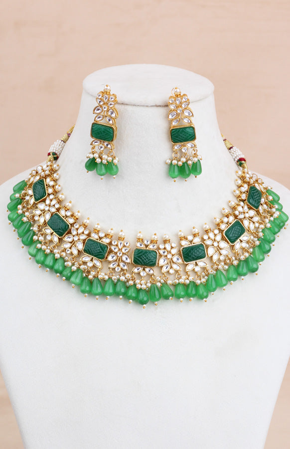 Green Kundan Necklace Set With Matching Earrings And Tikka (IGNK011)