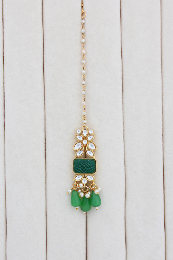 Green Kundan Necklace Set With Matching Earrings And Tikka (IGNK011)