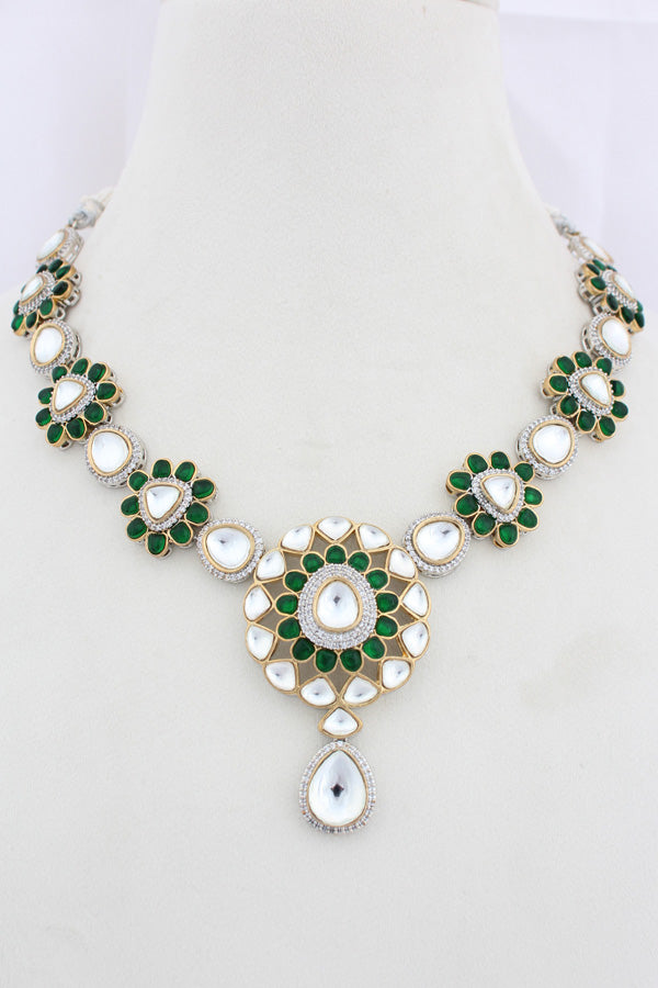 Green Kundan Necklace With Pendant Also Matching Tikka And Earrings(IGNK009)
