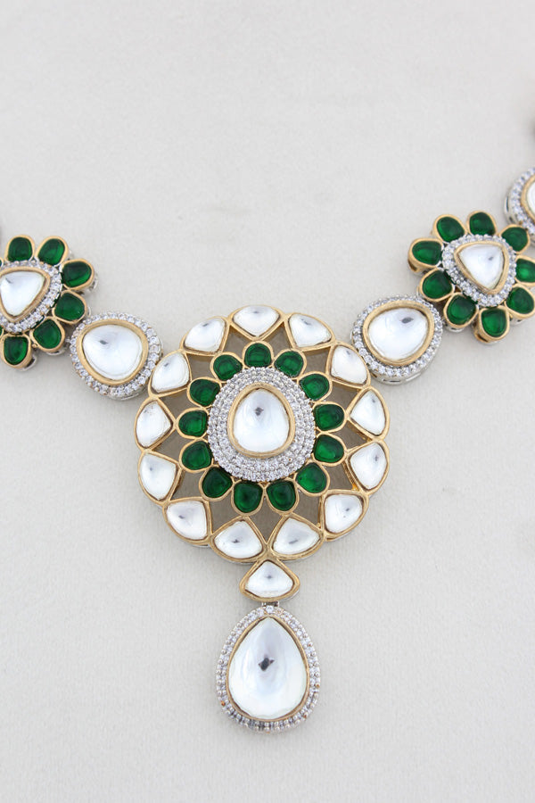 Green Kundan Necklace With Pendant Also Matching Tikka And Earrings(IGNK009)