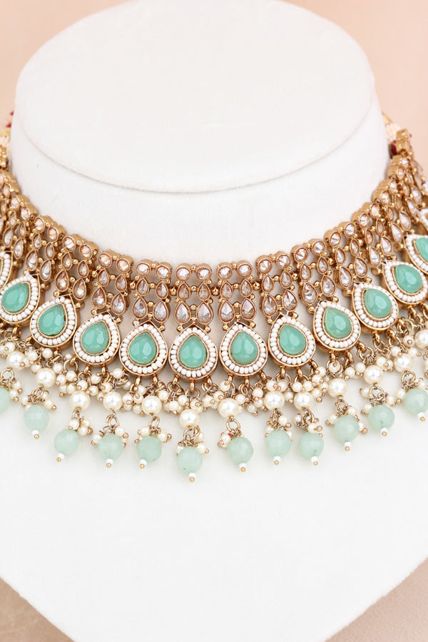 Aqua Green Mehndi Polish Choker With Large Earrings And Matha Patti (CS001G-Polki-B1)