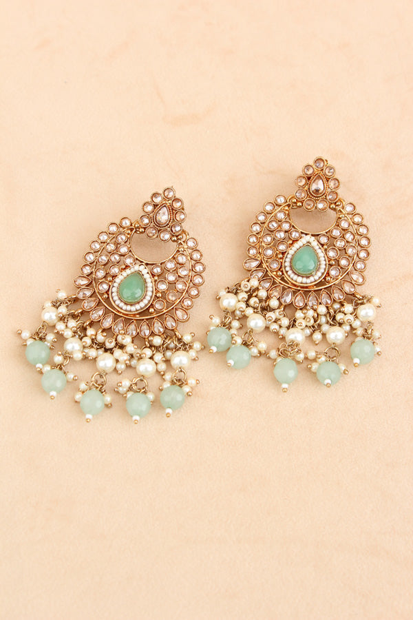 Aqua Green Mehndi Polish Choker With Large Earrings And Matha Patti (CS001G-Polki-B1)
