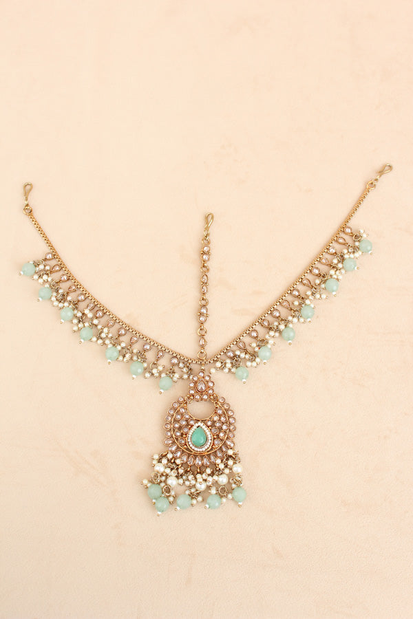 Aqua Green Mehndi Polish Choker With Large Earrings And Matha Patti (CS001G-Polki-B1)