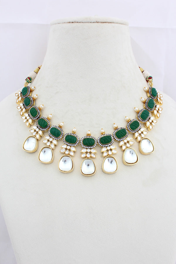 Green Necklace In Kundan With Earrings And Tikka (IGNK007)