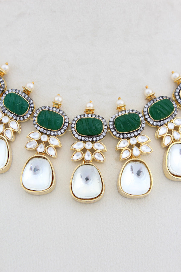 Green Necklace In Kundan With Earrings And Tikka (IGNK007)