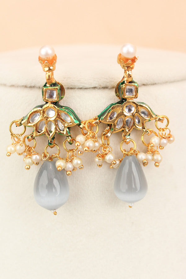 Grey Colour Cat Eye Pearls With A Shiny Finish And Kundan Look Pendants Attached (MA007-GY)