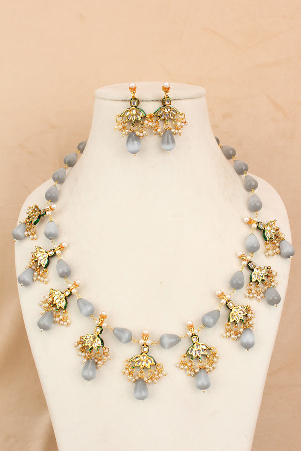 Grey Colour Cat Eye Pearls With A Shiny Finish And Kundan Look Pendants Attached (MA007-GY)