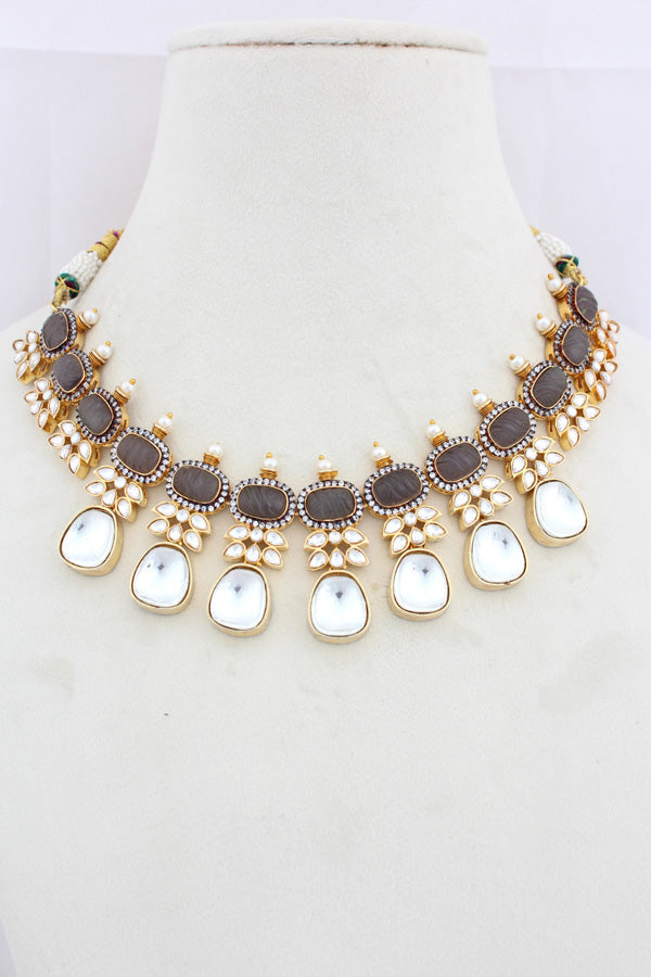 Grey Necklace In Kundan With Earrings And Tikka (IGNK007)