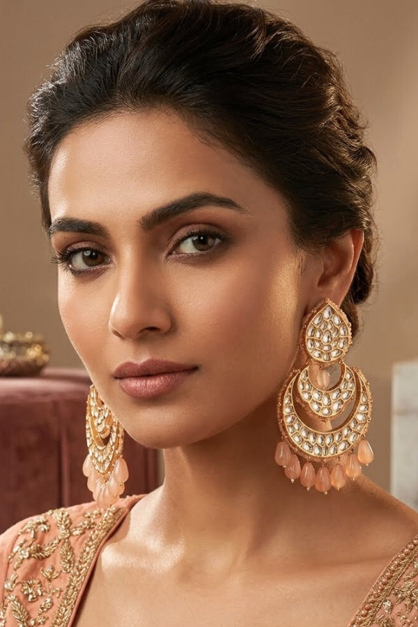 Heavy Kundan Earrings With Peach Colours (EK005PEK-Kundan)