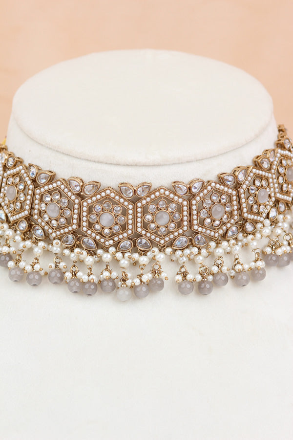 Grey Heavy Look Choker With Small Details And With Jhumka Earrings And Tikka (CS016-GY-Polki)