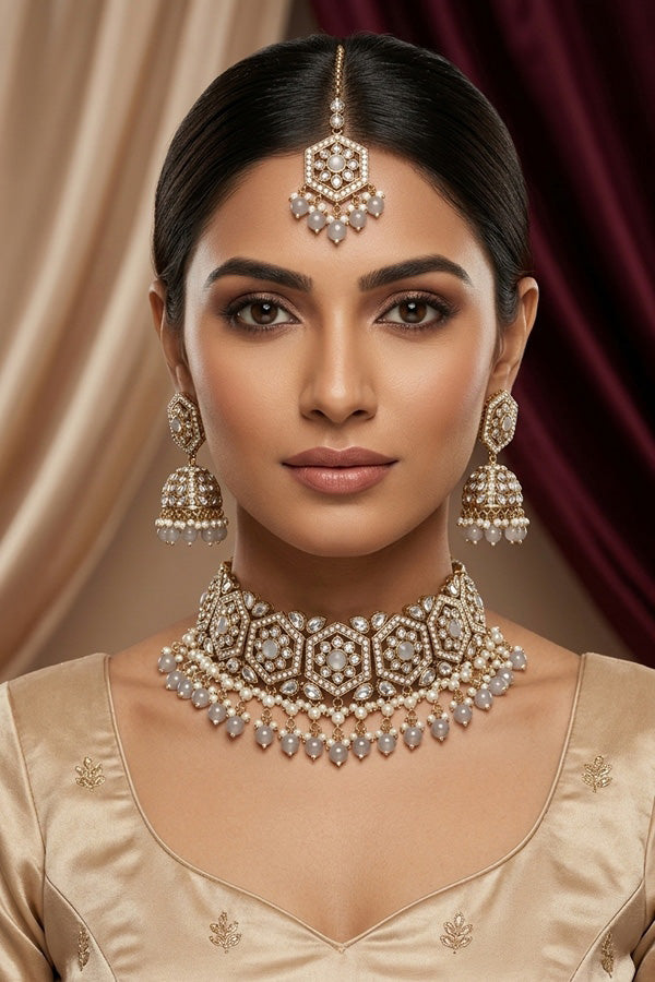 Grey Heavy Look Choker With Small Details And With Jhumka Earrings And Tikka (CS016-GY-Polki)