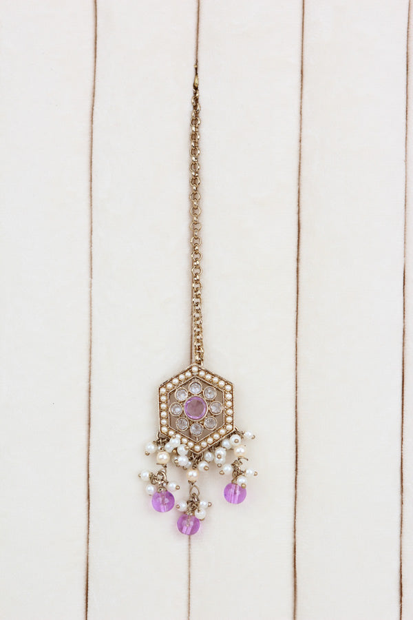 Lavender Heavy Look Choker With Small Details And With Jhumka Earrings And Tikka (CS016-LAV-Polki)