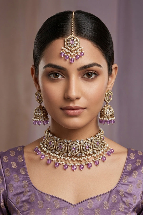 Lavender Heavy Look Choker With Small Details And With Jhumka Earrings And Tikka (CS016-LAV-Polki)