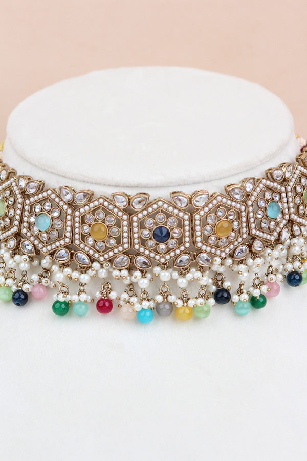 Multi Color Heavy Look Choker With Small Details And With Jhumka Earrings And Tikka (CS016-MU-Polki)