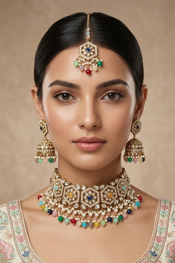 Multi Color Heavy Look Choker With Small Details And With Jhumka Earrings And Tikka (CS016-MU-Polki)