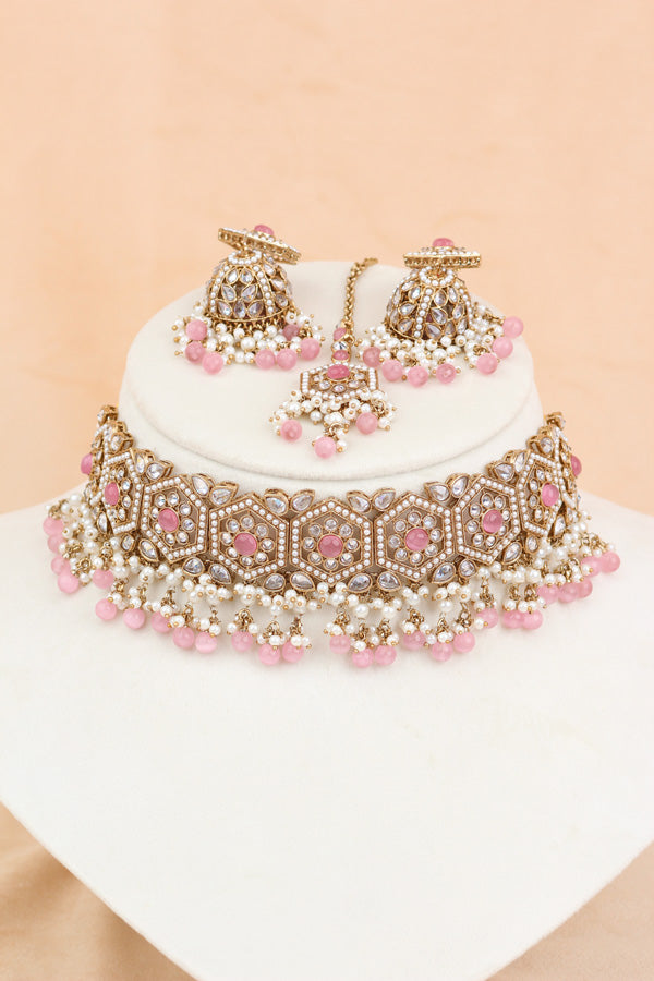 Pink Heavy Look Choker With Small Details And With Jhumka Earrings And Tikka (CS016-P-Polki)