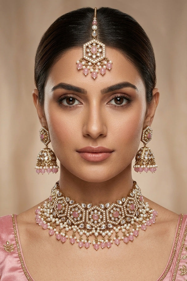 Pink Heavy Look Choker With Small Details And With Jhumka Earrings And Tikka (CS016-P-Polki)