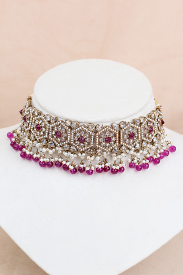 Purple Heavy Look Choker With Small Details And With Jhumka Earrings And Tikka (CS016-PU-Polki)